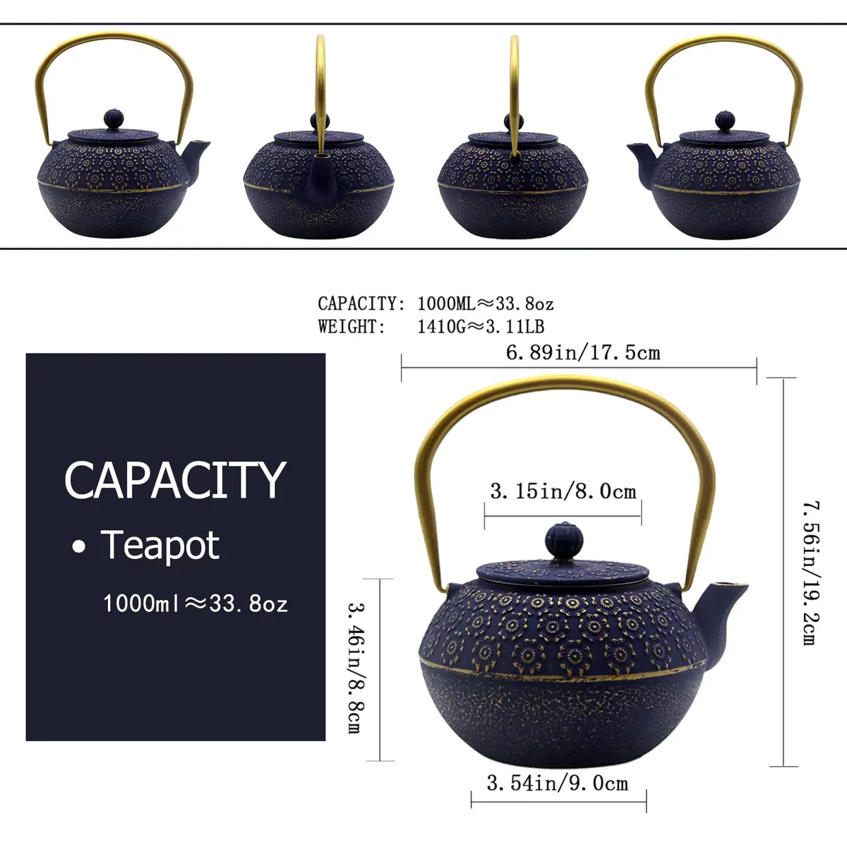 YJX Cast Iron Tea Kettle with Stainless Steel Infuser, 1000ml (33.8oz) | Japanese Tetsubin Design - view 6