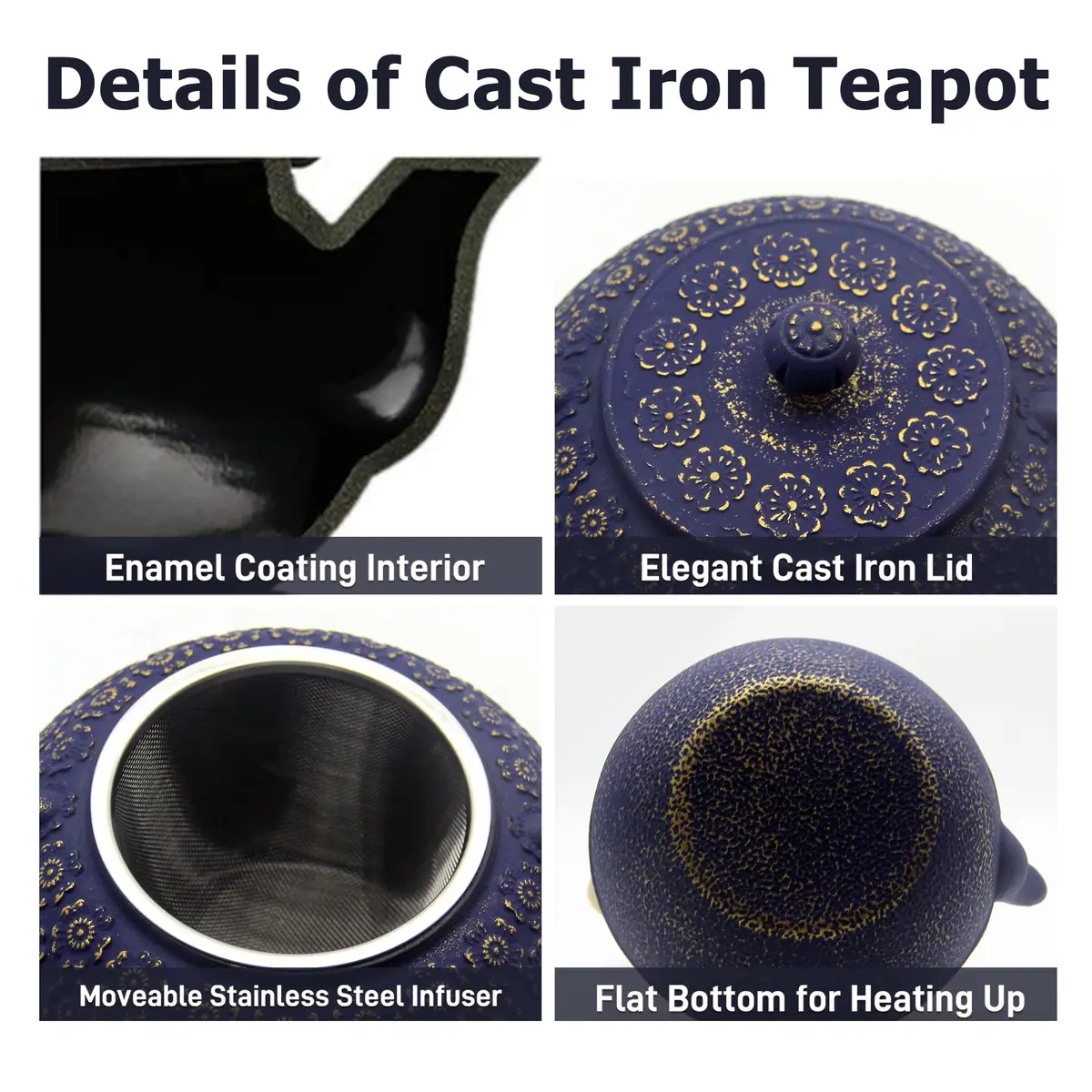 YJX Cast Iron Tea Kettle with Stainless Steel Infuser, 1000ml (33.8oz) | Japanese Tetsubin Design - view 7