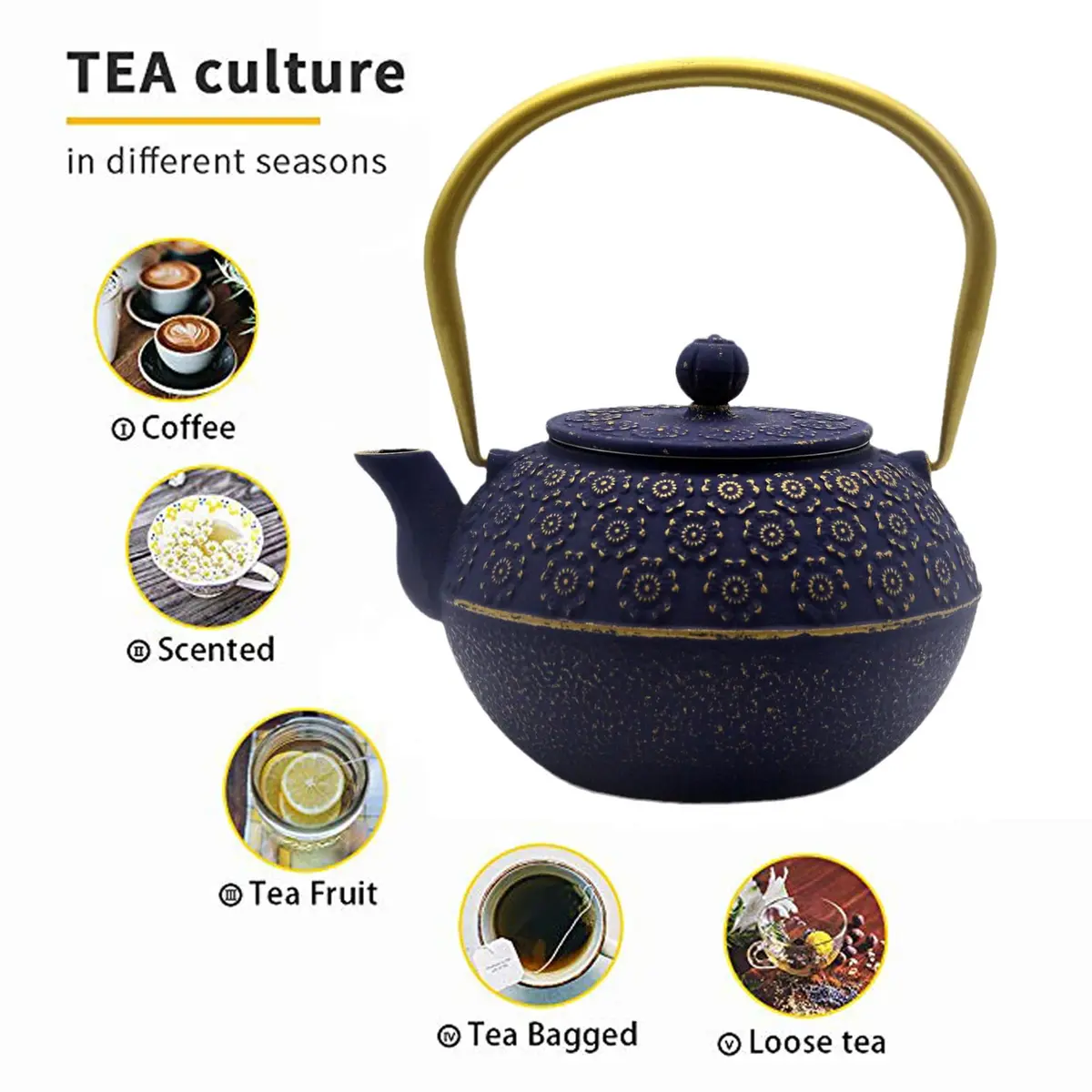 YJX Cast Iron Tea Kettle with Stainless Steel Infuser, 1000ml (33.8oz) | Japanese Tetsubin Design - view 4