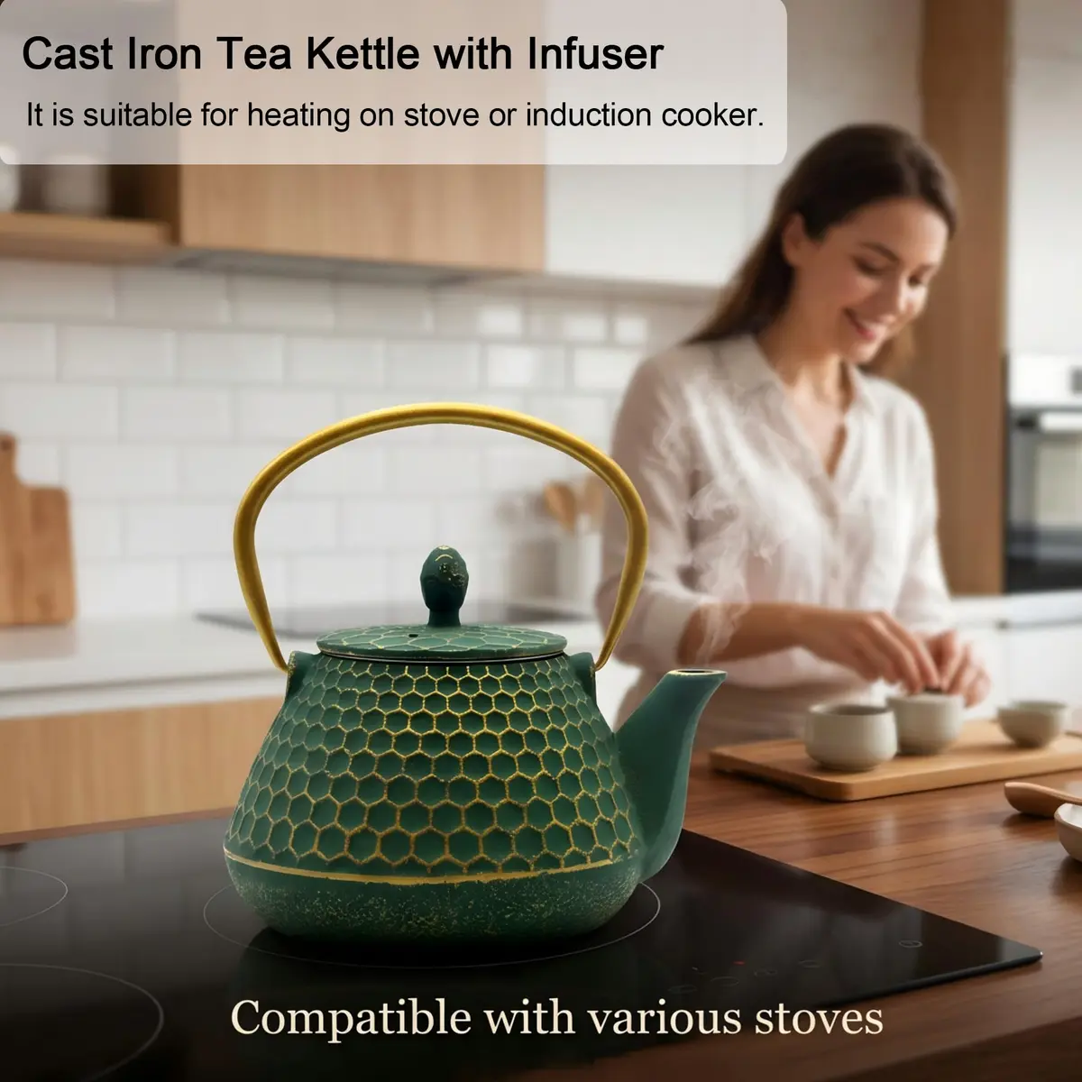 YJX Cast Iron Tea Kettle for Stovetop, 1000ml (34oz) Green Hexagon Pattern with Stainless Steel Infuser | Brew Sweet Tea - view 4