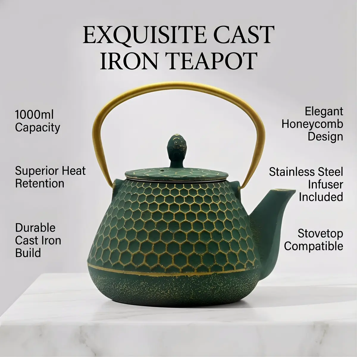 YJX Cast Iron Tea Kettle for Stovetop, 1000ml (34oz) Green Hexagon Pattern with Stainless Steel Infuser | Brew Sweet Tea - view 5