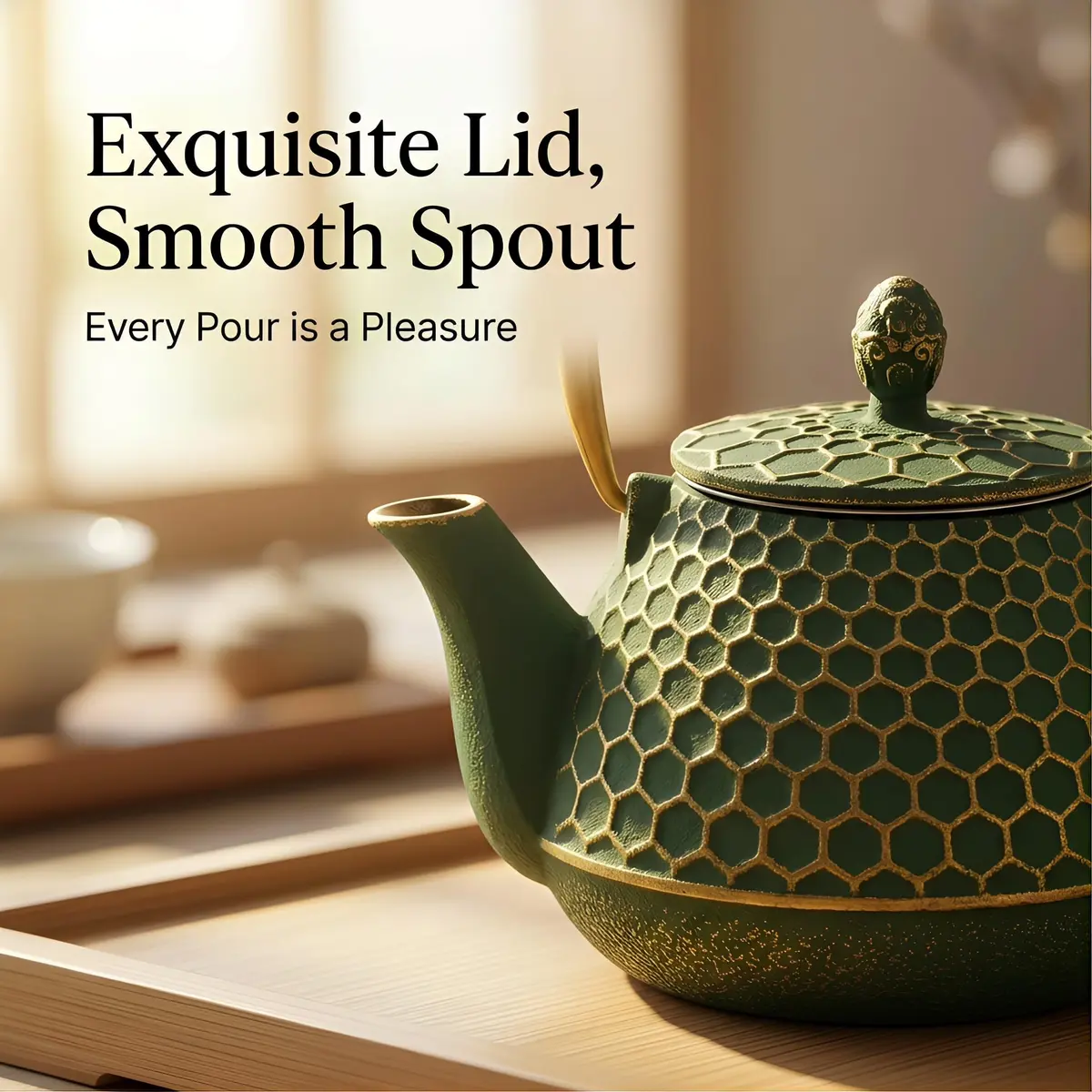 YJX Cast Iron Tea Kettle for Stovetop, 1000ml (34oz) Green Hexagon Pattern with Stainless Steel Infuser | Brew Sweet Tea - view 6