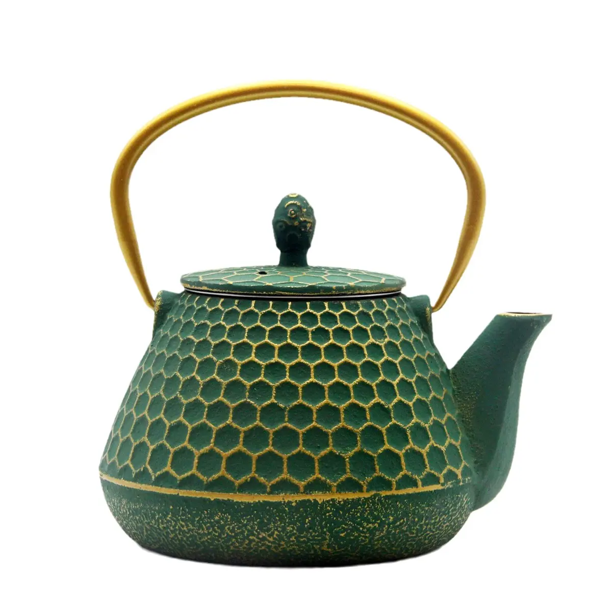 YJX Cast Iron Tea Kettle for Stovetop, 1000ml (34oz) Green Hexagon Pattern with Stainless Steel Infuser | Brew Sweet Tea - main product image
