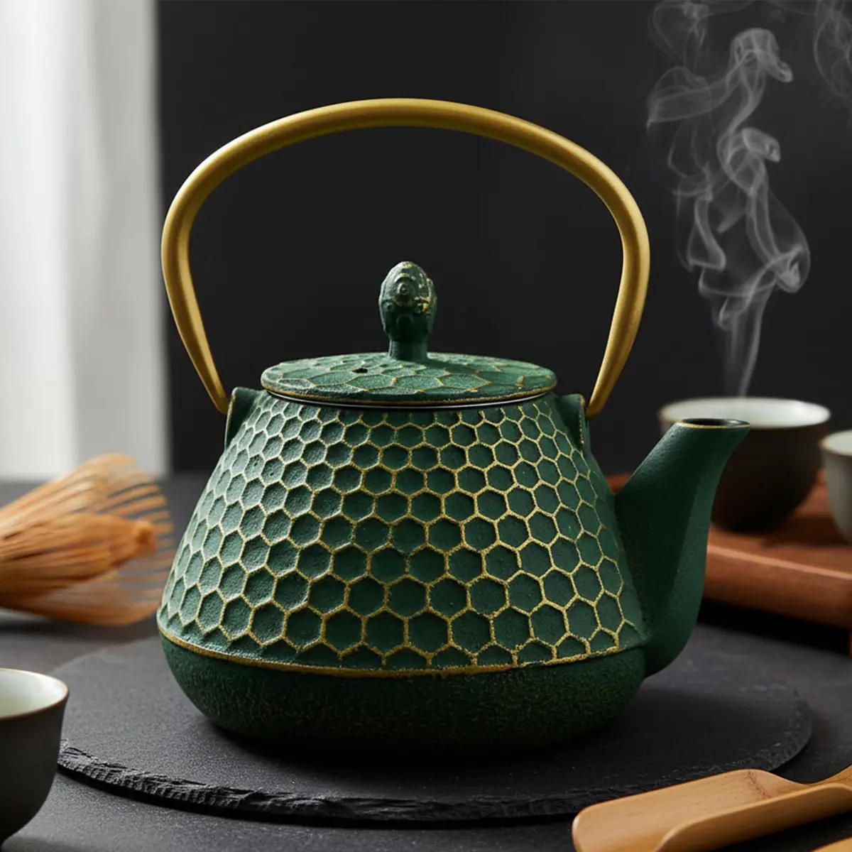 YJX Cast Iron Tea Kettle for Stovetop, 1000ml (34oz) Green Hexagon Pattern with Stainless Steel Infuser | Brew Sweet Tea - view 8