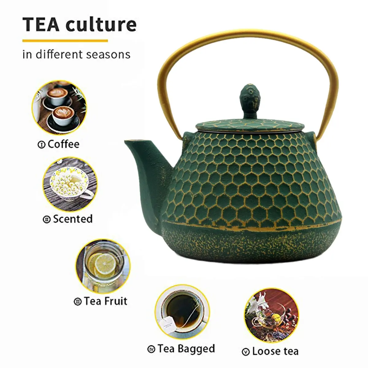 YJX Cast Iron Tea Kettle for Stovetop, 1000ml (34oz) Green Hexagon Pattern with Stainless Steel Infuser | Brew Sweet Tea - view 9