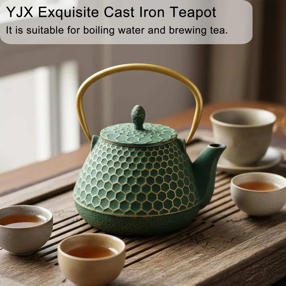 YJX Cast Iron Tea Kettle for Stovetop, 1000ml (34oz) Green Hexagon Pattern with Stainless Steel Infuser | Brew Sweet Tea - view 2