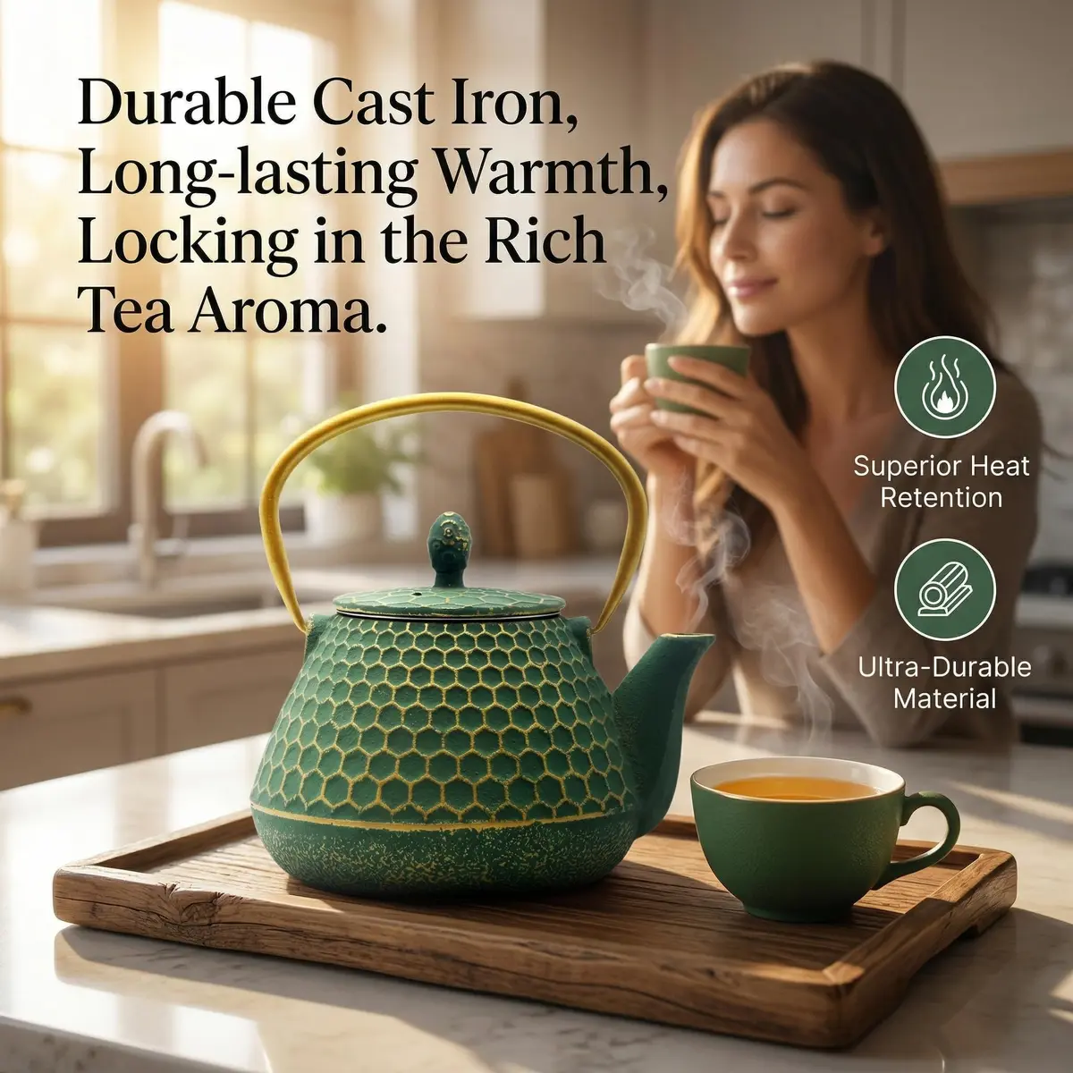YJX Cast Iron Tea Kettle for Stovetop, 1000ml (34oz) Green Hexagon Pattern with Stainless Steel Infuser | Brew Sweet Tea - view 3