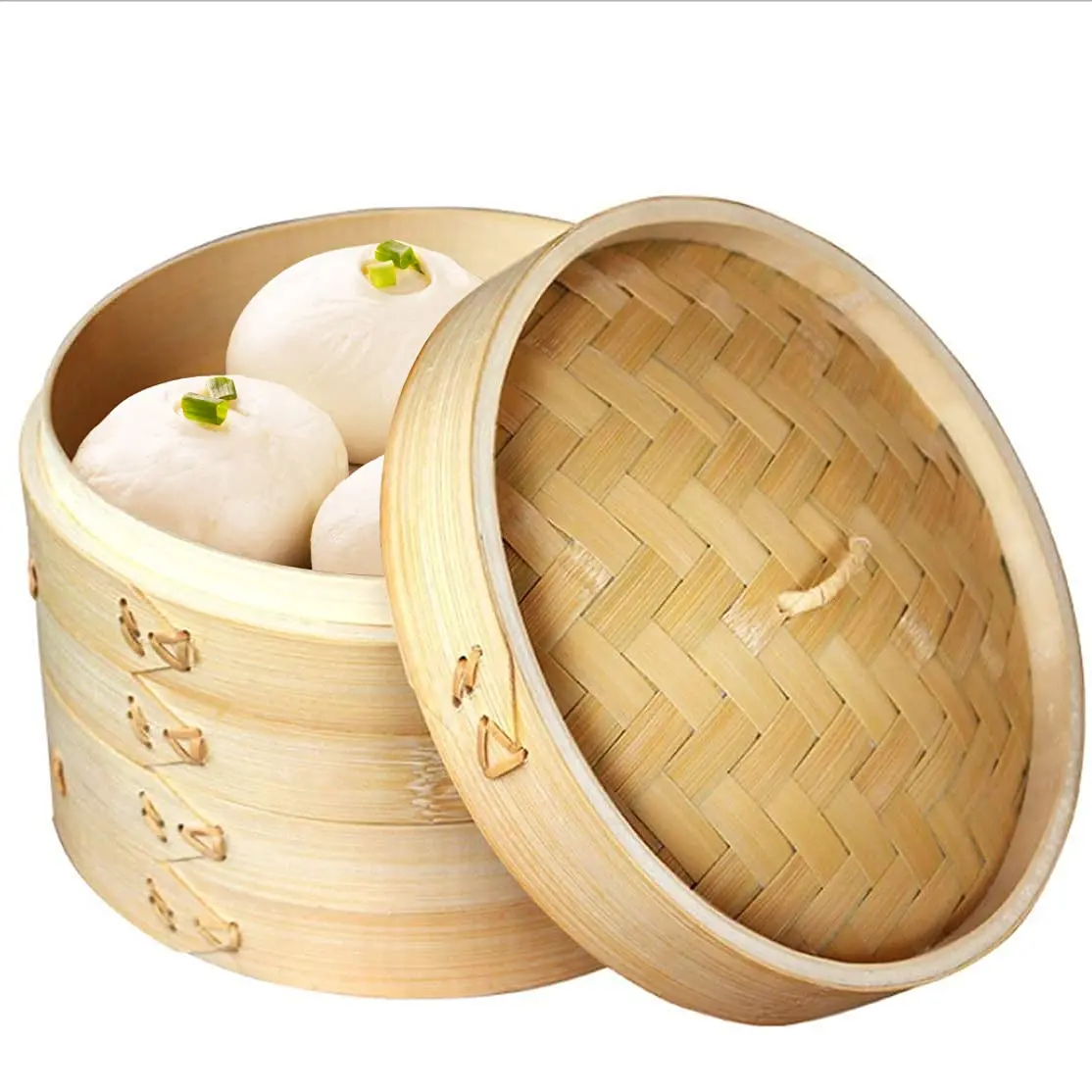 Sorfity Handmade Bamboo Steam Basket 10 Inch | 2-Tier Chinese Food Steamer for Dumplings Vegetables & Rice - main product image