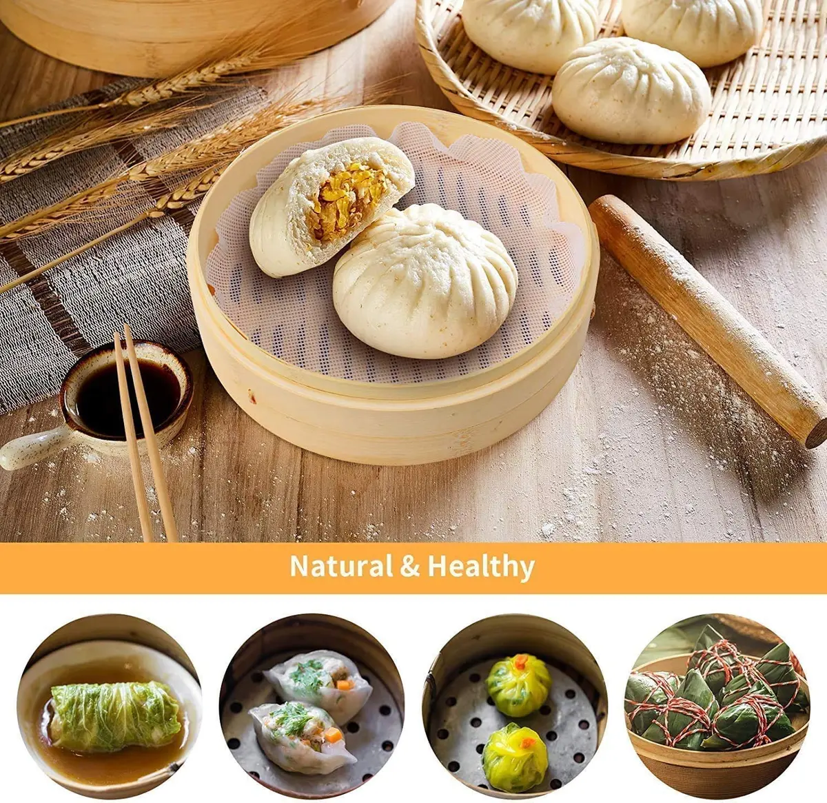 Sorfity Handmade Bamboo Steam Basket 10 Inch | 2-Tier Chinese Food Steamer for Dumplings Vegetables & Rice - view 6