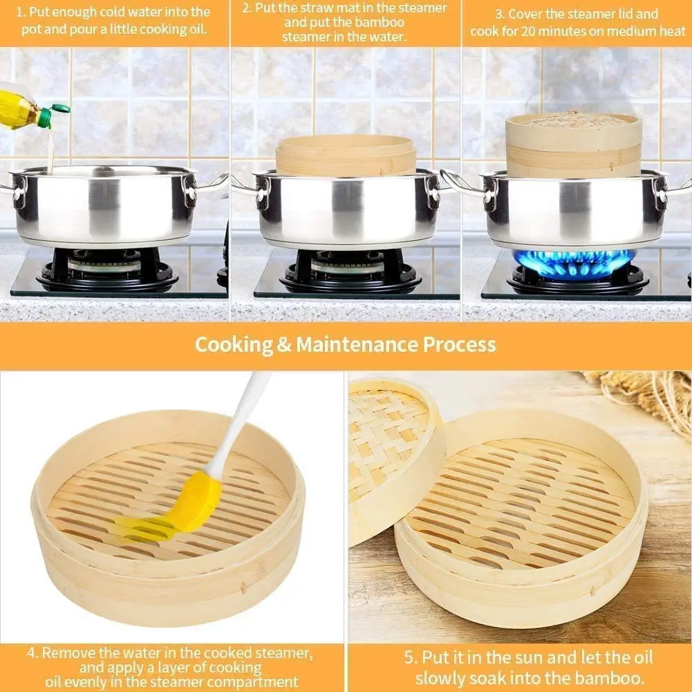 Sorfity Handmade Bamboo Steam Basket 10 Inch | 2-Tier Chinese Food Steamer for Dumplings Vegetables & Rice - view 3