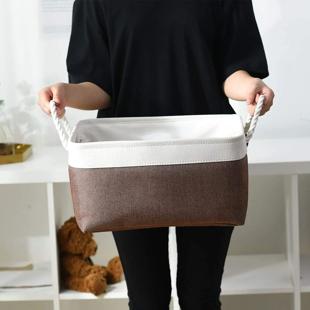Sacyic Large Storage Baskets for Shelves, Fabric Baskets for Organizing, Collapsible Storage Bins for Closet, Nursery, Clothes, Home & Office (3-Pack, White&Brown) | Stylish & Sturdy - view 5