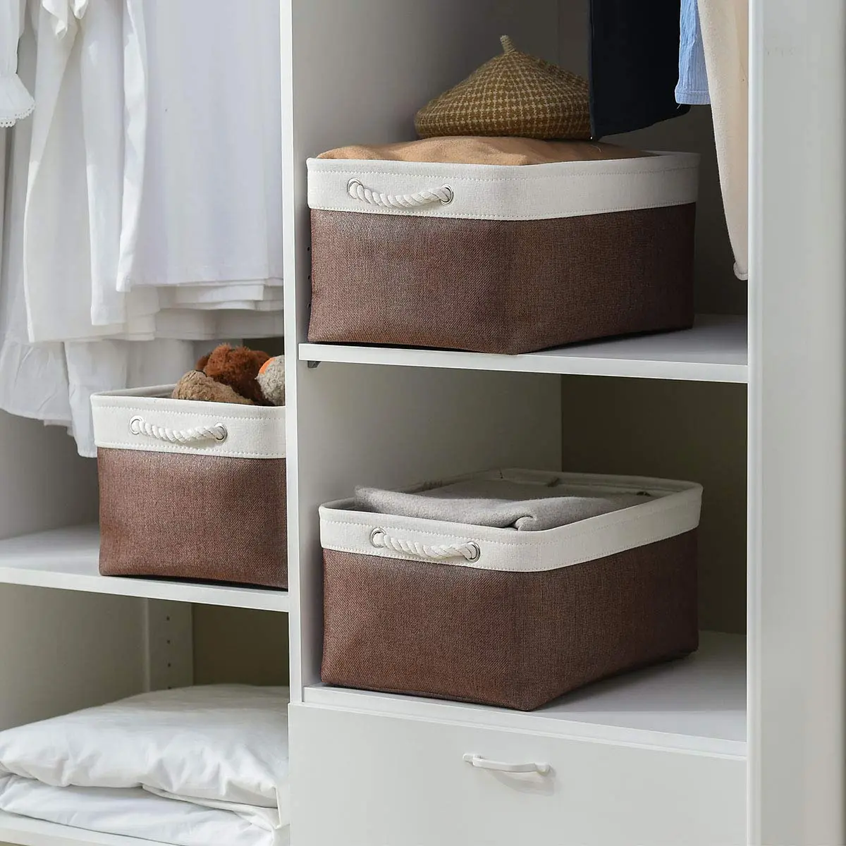 Sacyic Large Storage Baskets for Shelves, Fabric Baskets for Organizing, Collapsible Storage Bins for Closet, Nursery, Clothes, Home & Office (3-Pack, White&Brown) | Stylish & Sturdy - view 6