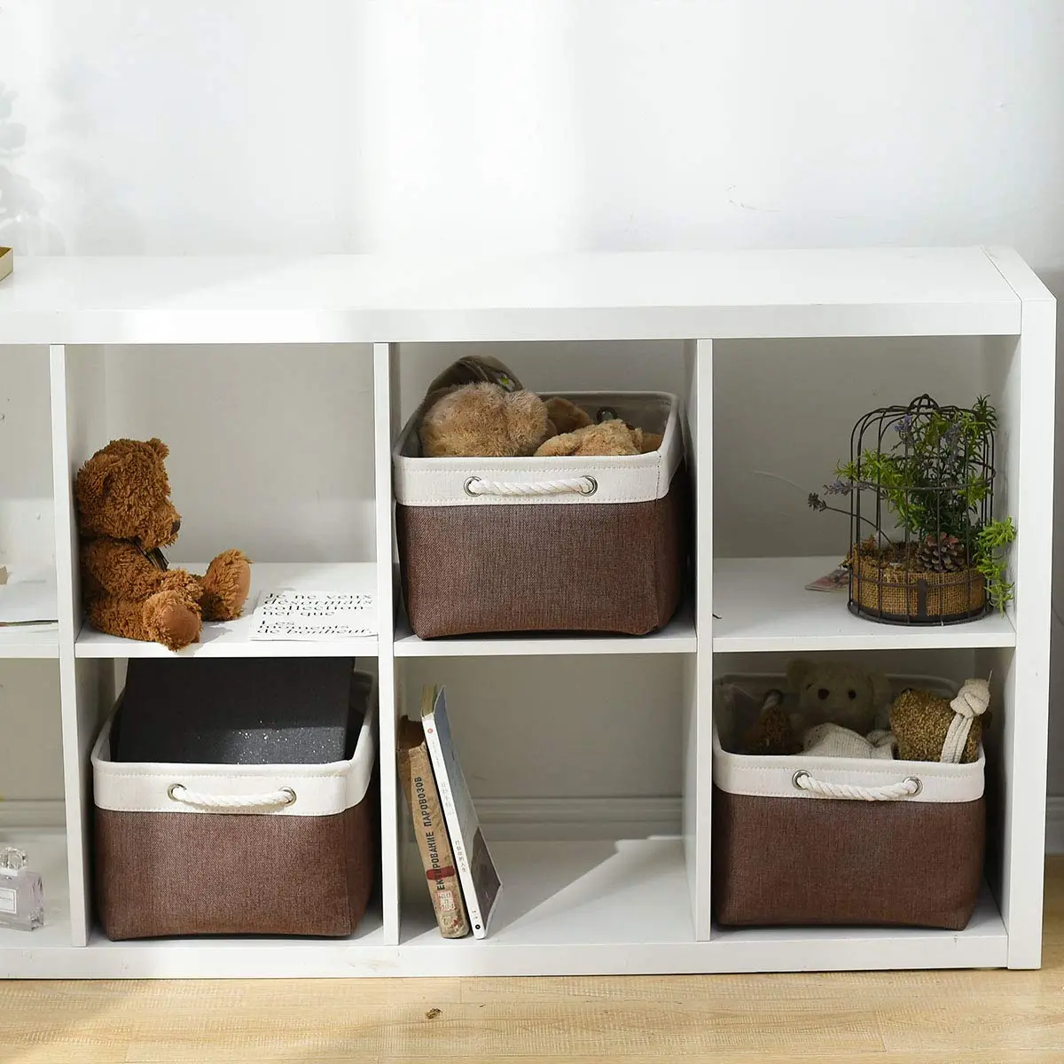Sacyic Large Storage Baskets for Shelves, Fabric Baskets for Organizing, Collapsible Storage Bins for Closet, Nursery, Clothes, Home & Office (3-Pack, White&Brown) | Stylish & Sturdy - view 7