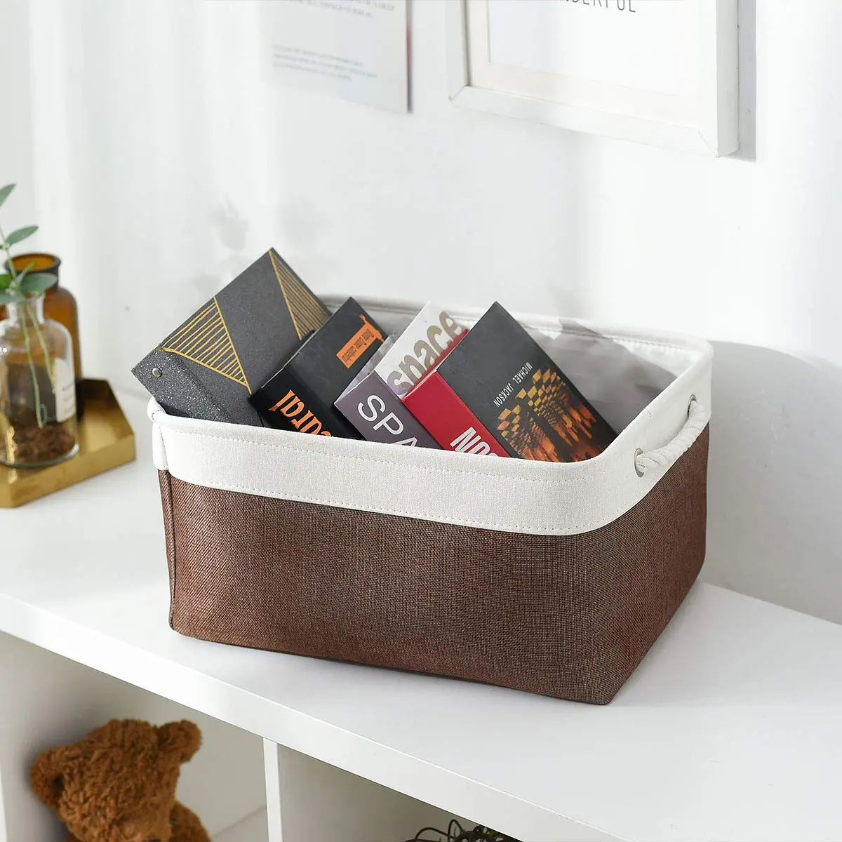 Sacyic Large Storage Baskets for Shelves, Fabric Baskets for Organizing, Collapsible Storage Bins for Closet, Nursery, Clothes, Home & Office (3-Pack, White&Brown) | Stylish & Sturdy - view 8