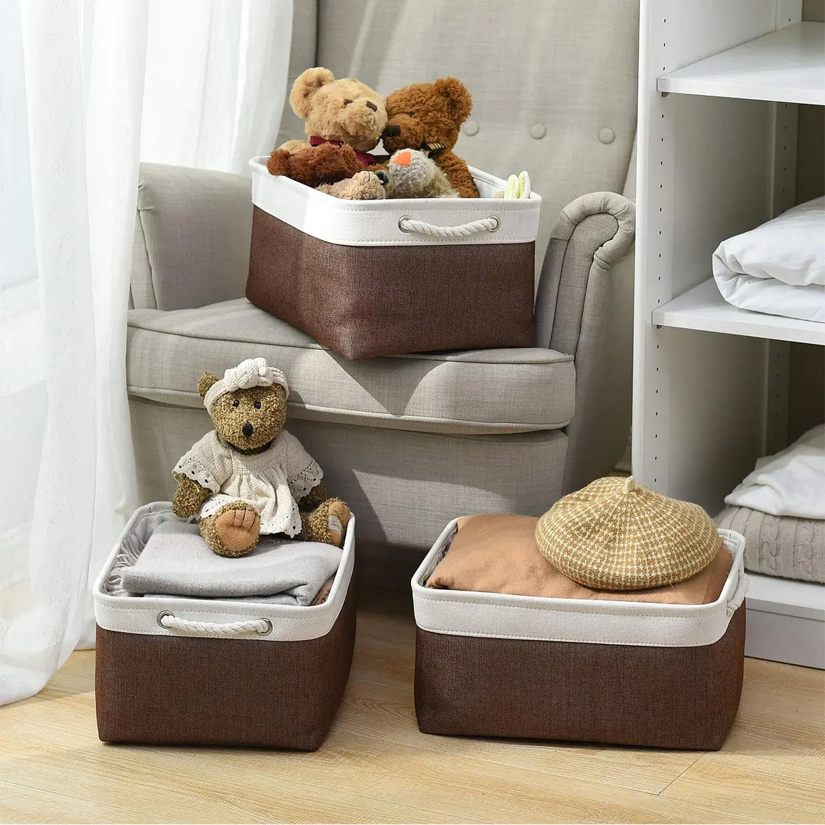 Sacyic Large Storage Baskets for Shelves, Fabric Baskets for Organizing, Collapsible Storage Bins for Closet, Nursery, Clothes, Home & Office (3-Pack, White&Brown) | Stylish & Sturdy - view 2