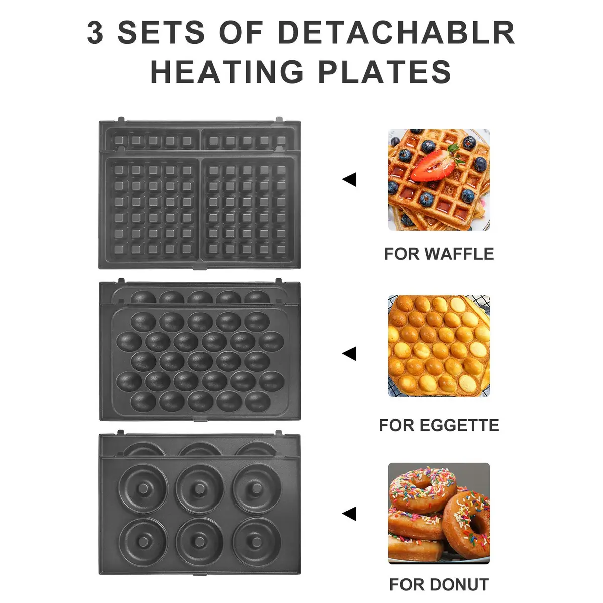 Health and Home 3 Interchangeable Baking Plates for Doughnut & Waffle Maker | Non-Stick, 1200W, Easy Clean, Compact Storage - view 2