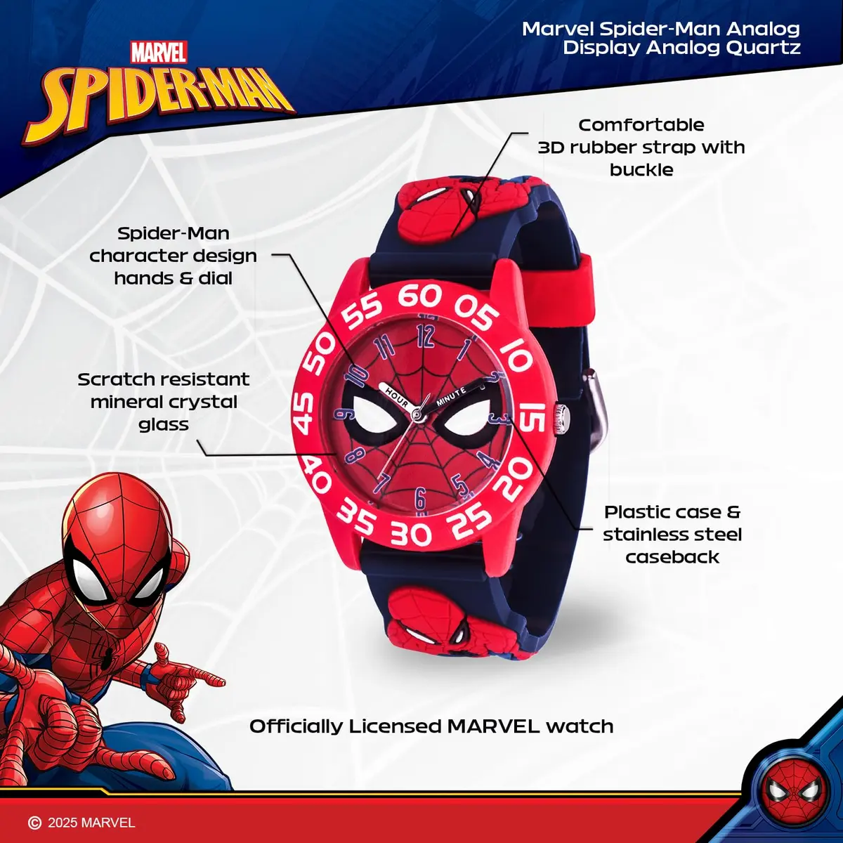 Marvel Spider-Man Kids Watch – Red Plastic Strap & 30M Water Resistance (32mm Dial, Official Licensed Toy) - view 2
