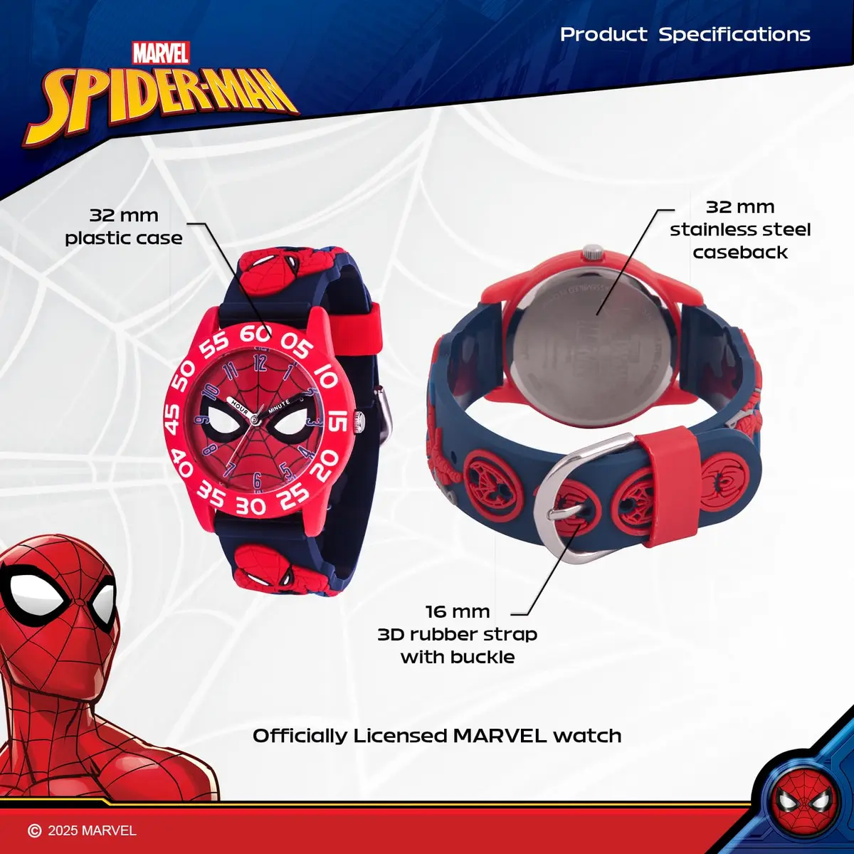 Marvel Spider-Man Kids Watch – Red Plastic Strap & 30M Water Resistance (32mm Dial, Official Licensed Toy) - view 3