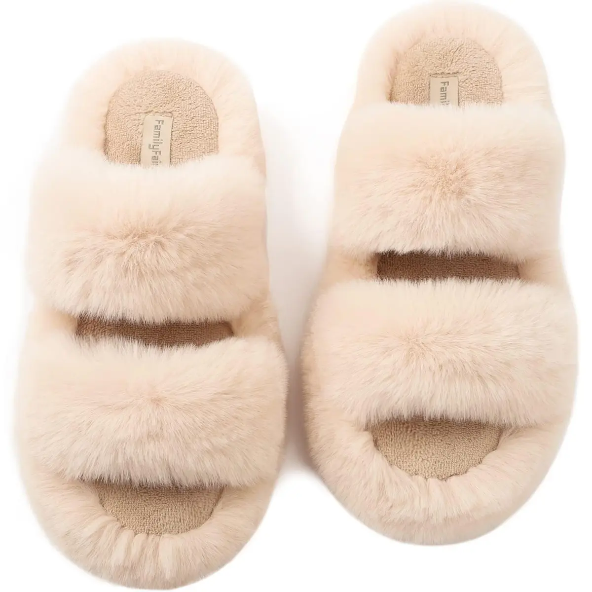 FamilyFairy Women's Fluffy Faux Fur Slippers Open Toe Slides (5-6, Beige) | Cozy Indoor-Outdoor Comfort - main product image