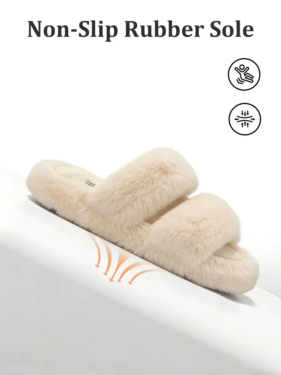 FamilyFairy Women's Fluffy Faux Fur Slippers Open Toe Slides (5-6, Beige) | Cozy Indoor-Outdoor Comfort - view 5