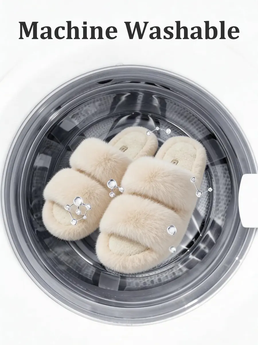 FamilyFairy Women's Fluffy Faux Fur Slippers Open Toe Slides (5-6, Beige) | Cozy Indoor-Outdoor Comfort - view 8