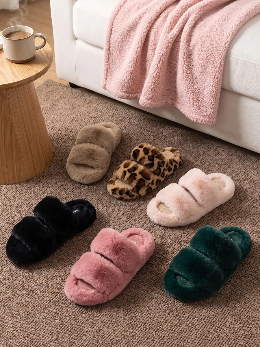 FamilyFairy Women's Fluffy Faux Fur Slippers Open Toe Slides (5-6, Beige) | Cozy Indoor-Outdoor Comfort - view 9