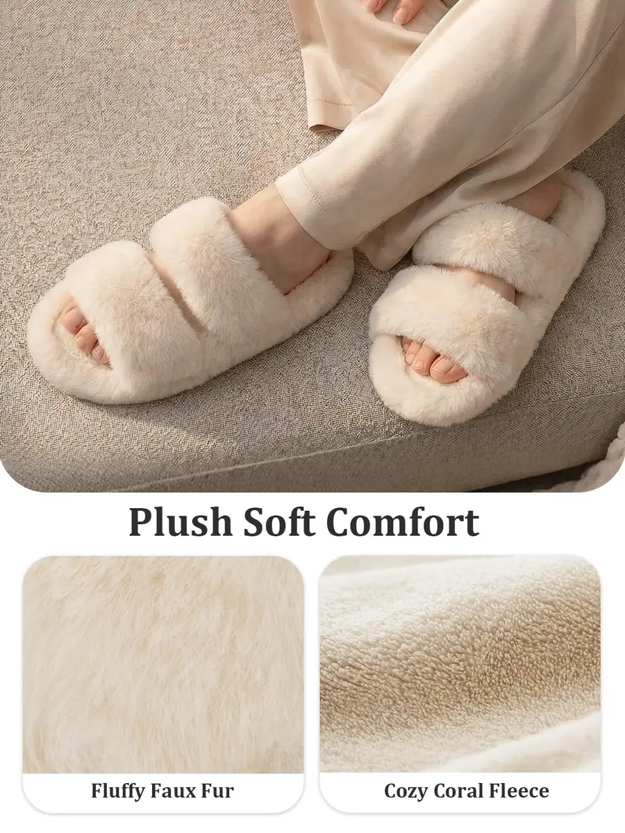 FamilyFairy Women's Fluffy Faux Fur Slippers Open Toe Slides (5-6, Beige) | Cozy Indoor-Outdoor Comfort - view 3