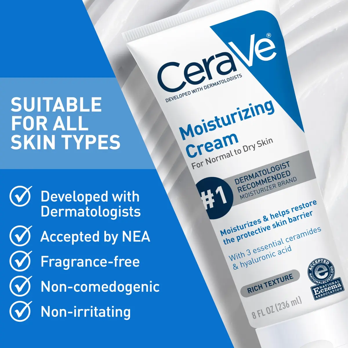 CeraVe Moisturizing Cream Face Body Moisturizer 237ml (8 Fl Oz) | Dermatologist-Developed Hydration - view 5