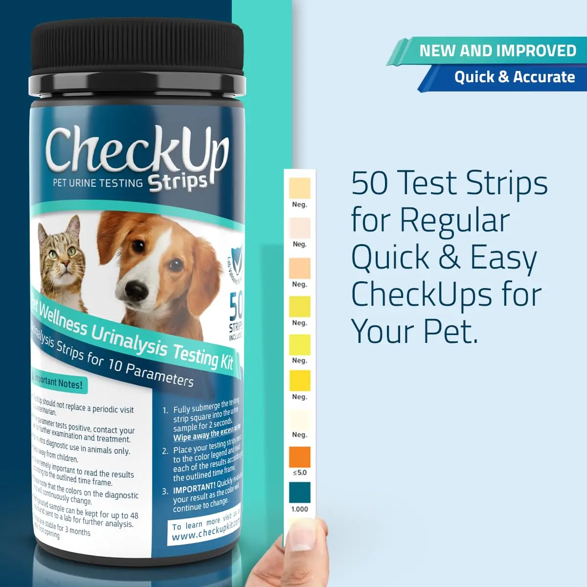 KIT4CAT CheckUp Urine Test Strips for Cats & Dogs, 50 Count | 10 Parameters for Pet Health Monitoring - view 2