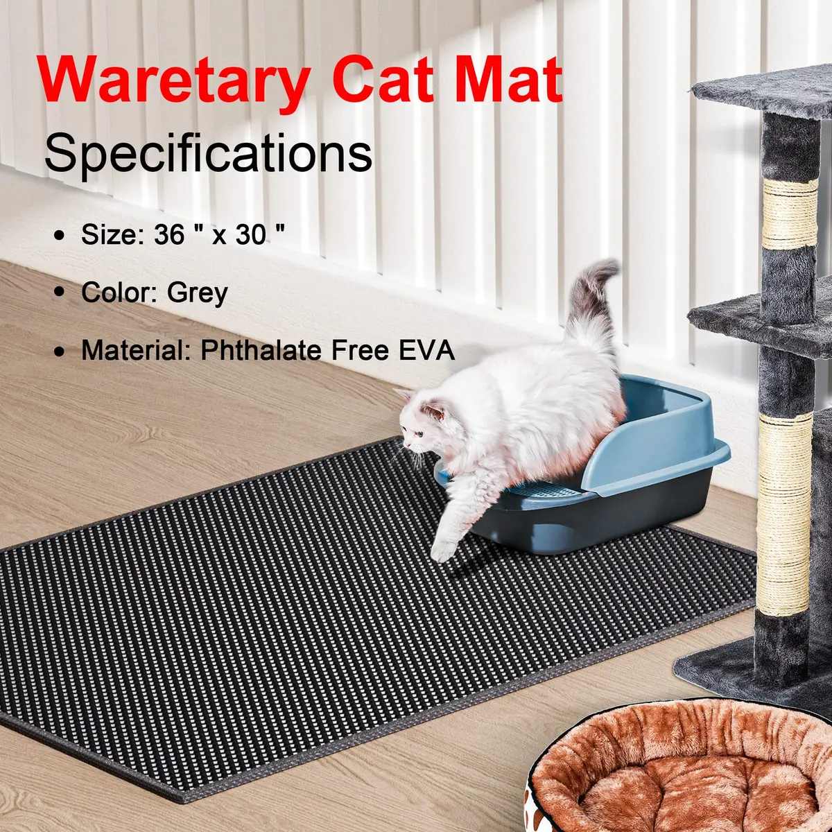 Waretary Cat Litter Mat, 36"x30" Waterproof, Scatter Control, Black - view 2
