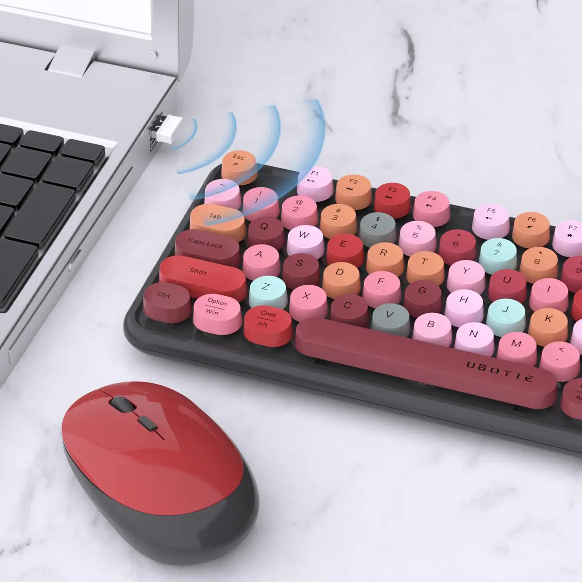 UBOTIE Colorful Wireless Keyboard and Mouse Combo, Full-Size 104-Key with Round Keycaps | Plug-and-Play 2.4GHz USB Connection - view 3