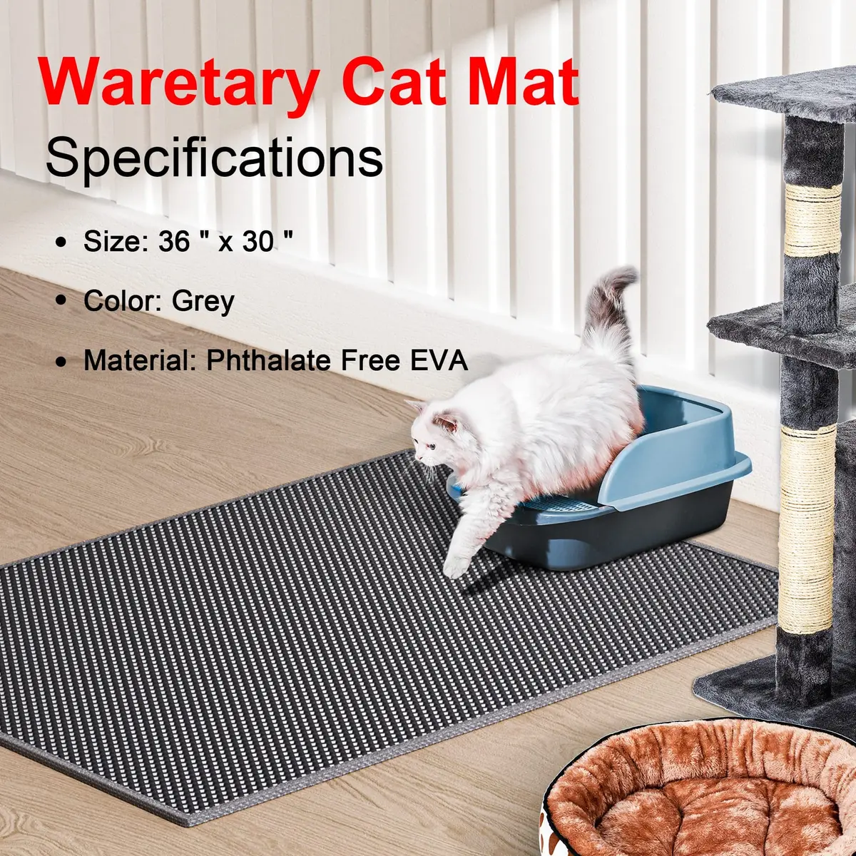 Waretary XL Cat Litter Mat 90cm x 76cm (36"x30") | Waterproof Scatter Control Grey - view 2