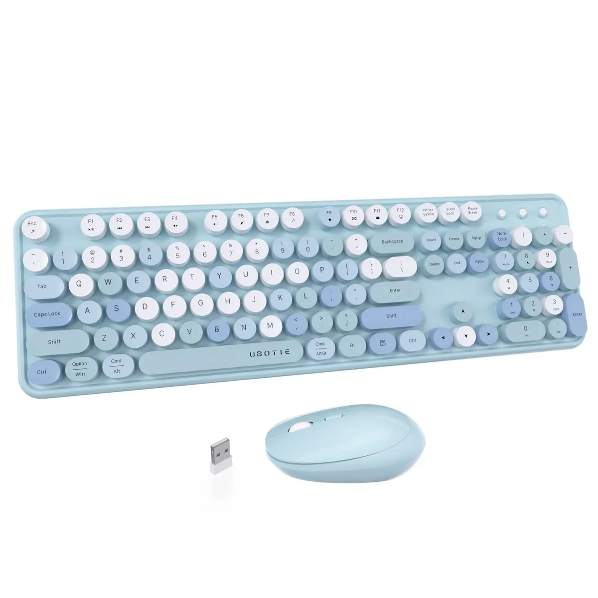 UBOTIE Colorful Wireless Keyboard and Mouse Combo with Round Keycaps & Mirror Surface, 2.4GHz USB Plug-and-Play, Full-Size 104-Key Layout (Blue-Colorful) - main product image