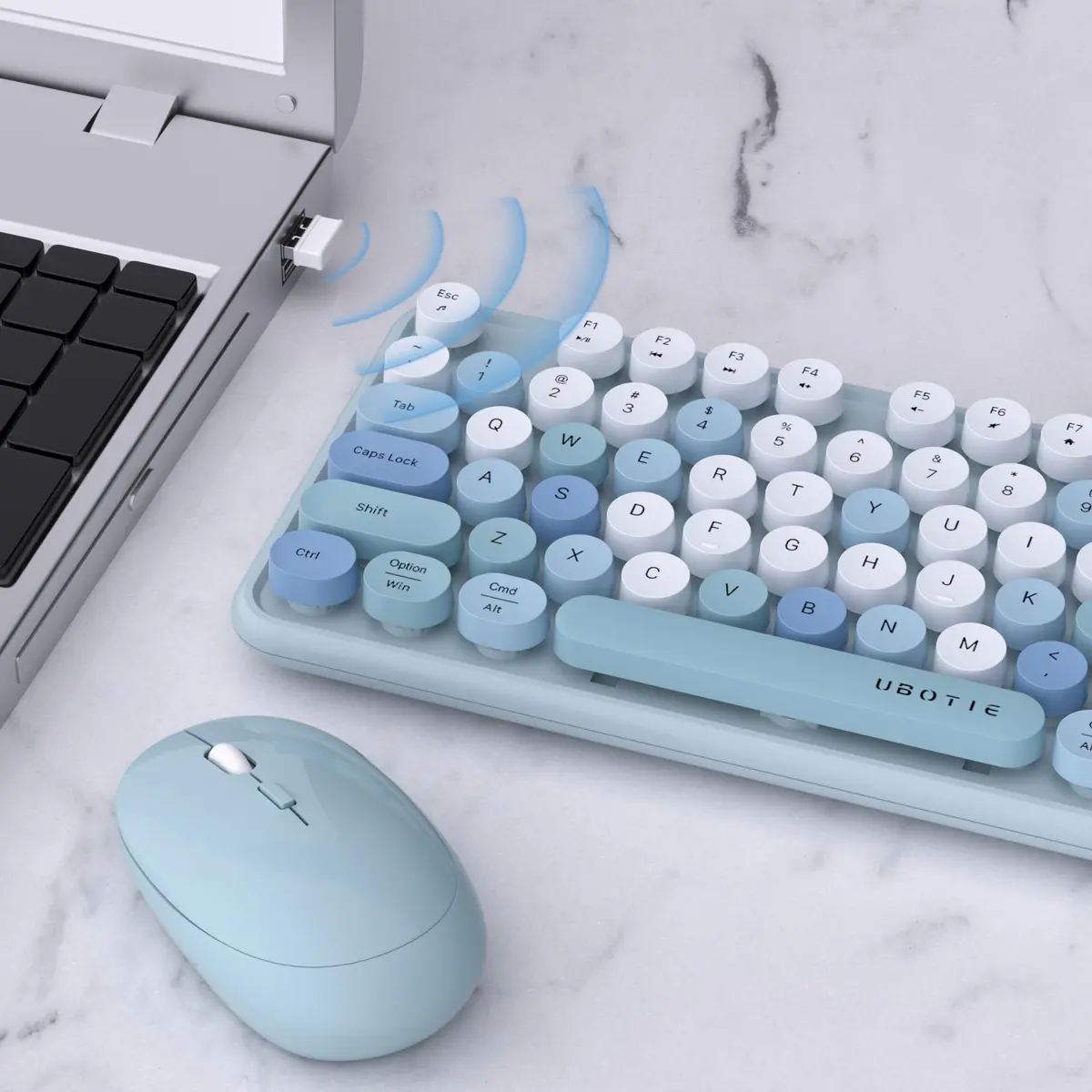 UBOTIE Colorful Wireless Keyboard and Mouse Combo with Round Keycaps & Mirror Surface, 2.4GHz USB Plug-and-Play, Full-Size 104-Key Layout (Blue-Colorful) - view 4