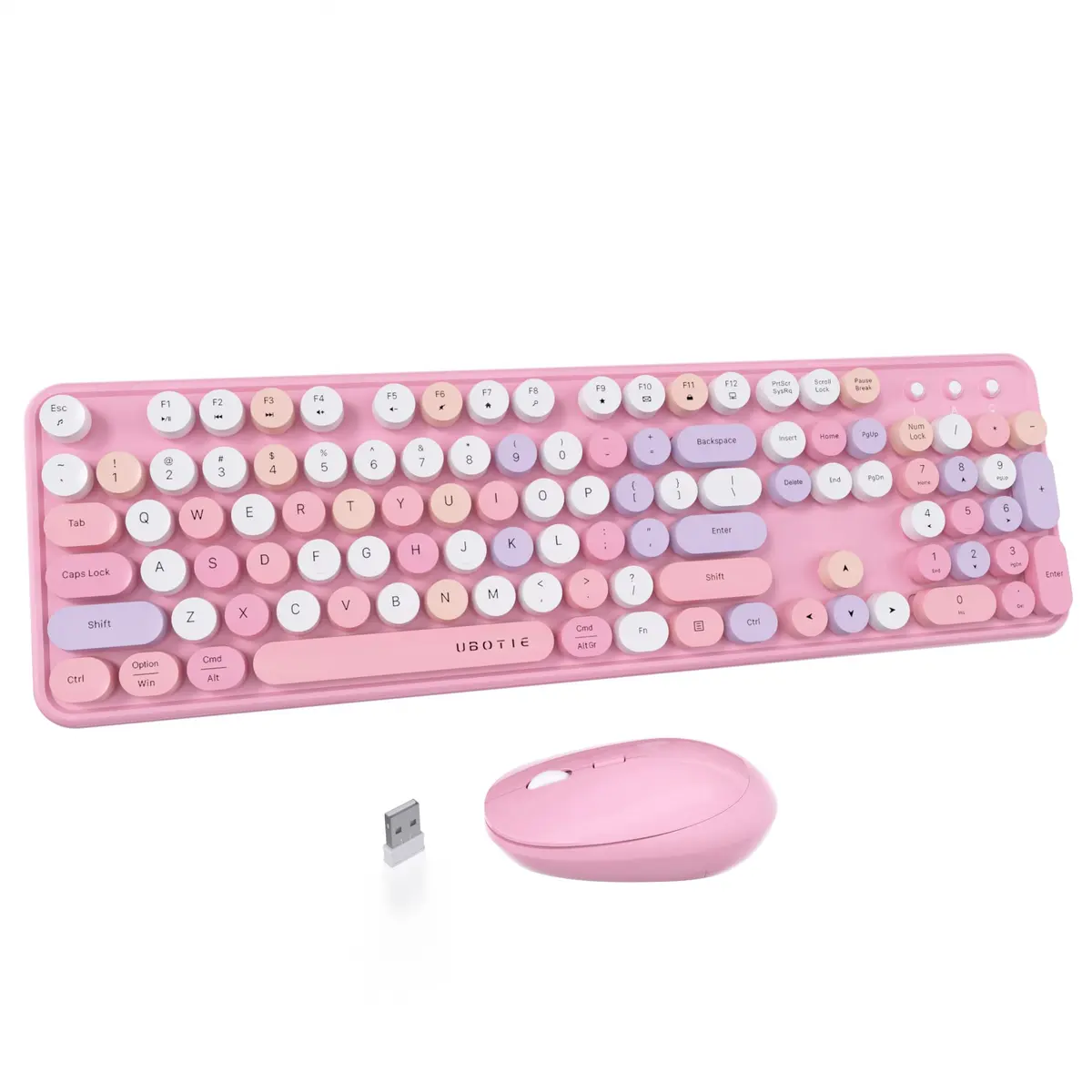 UBOTIE Colorful Wireless Keyboard and Mouse Combo (Pink-Colorful) | Retro Typewriter Floating Full-Sized Keys Computer Keyboard with Optical Mouse, 2.4GHz USB Connection for Windows Mac - main product image