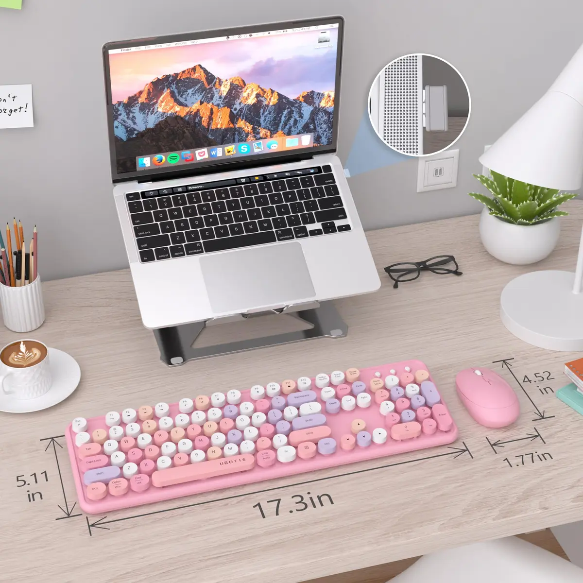 UBOTIE Colorful Wireless Keyboard and Mouse Combo (Pink-Colorful) | Retro Typewriter Floating Full-Sized Keys Computer Keyboard with Optical Mouse, 2.4GHz USB Connection for Windows Mac - view 6