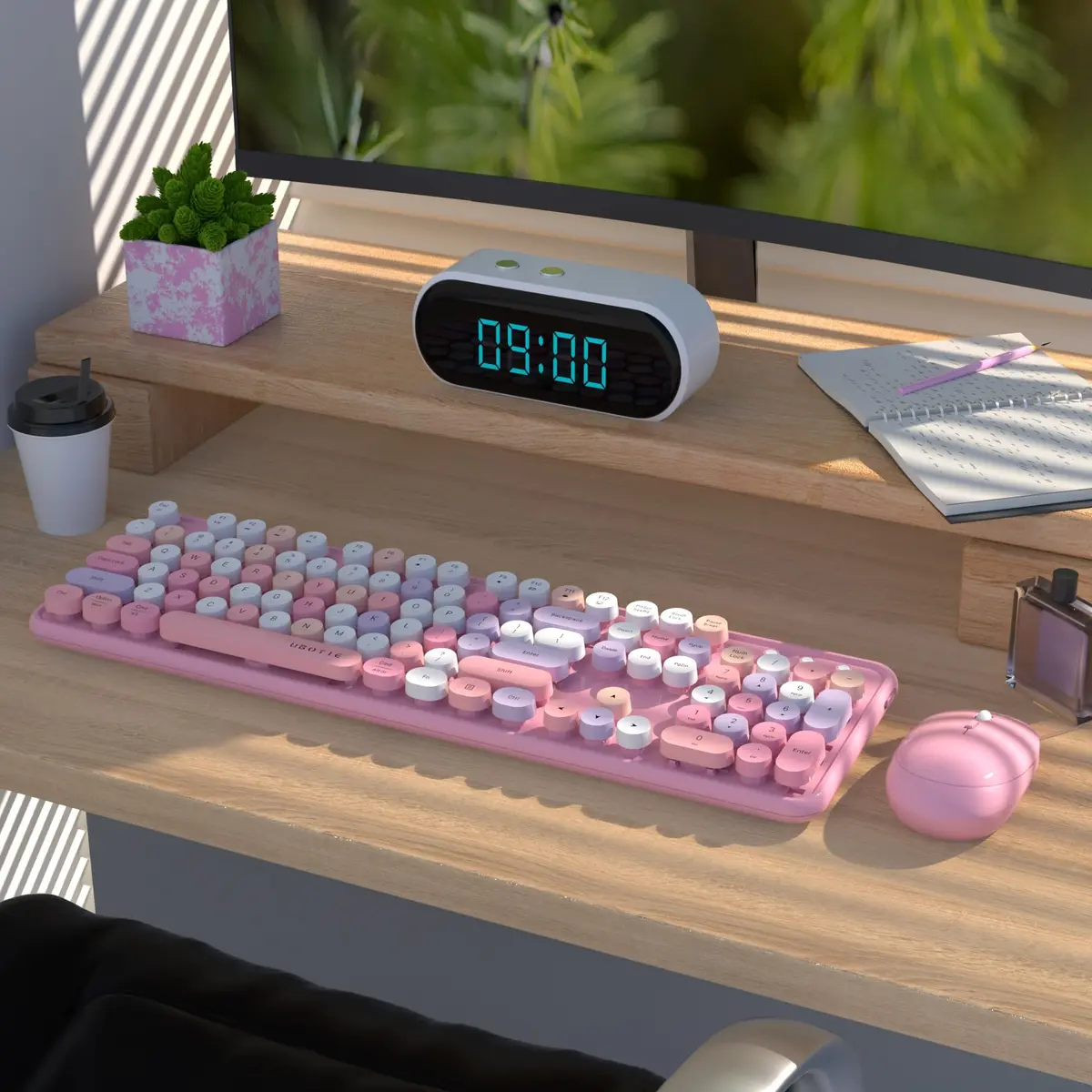 UBOTIE Colorful Wireless Keyboard and Mouse Combo (Pink-Colorful) | Retro Typewriter Floating Full-Sized Keys Computer Keyboard with Optical Mouse, 2.4GHz USB Connection for Windows Mac - view 2