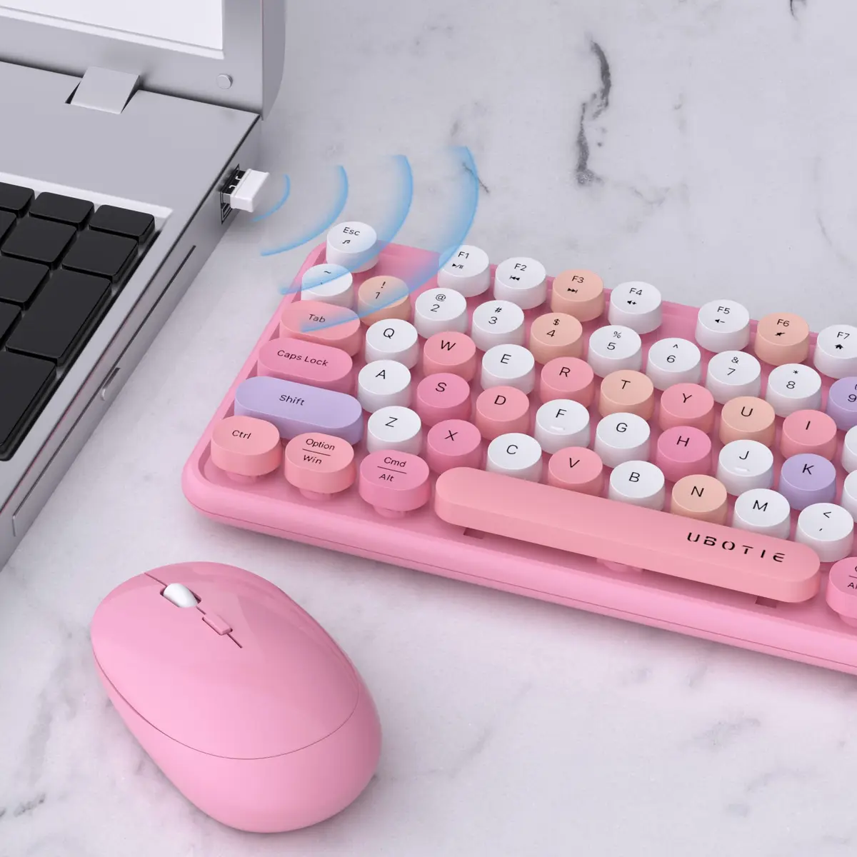 UBOTIE Colorful Wireless Keyboard and Mouse Combo (Pink-Colorful) | Retro Typewriter Floating Full-Sized Keys Computer Keyboard with Optical Mouse, 2.4GHz USB Connection for Windows Mac - view 3