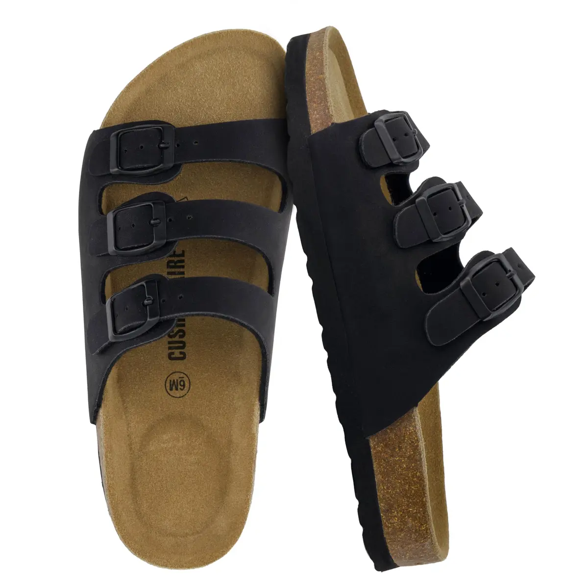 CUSHIONAIRE Lela Slip On Womens Sandals with Vegan Adjustable Straps & Genuine Suede Cork Footbed - Comfortable Memory Foam Sandals for Women 2025, BLACK 7 - main product image