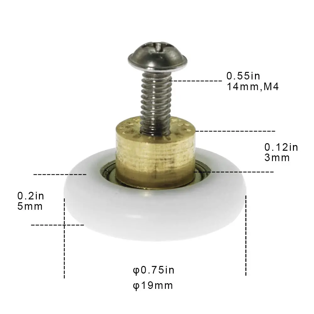Linwnil Set of 4 Dia 19mm Stainless Steel Shower Door Wheels Rollers Runners, White, 19mm x 5mm | Suitable for Shower Enclosures & Steam Cabins - view 2