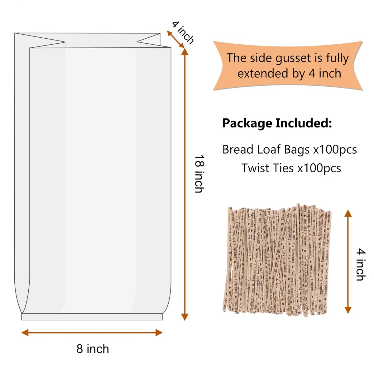Morepack Plastic Bread Bags with Twist Ties 18x4x8 Inch (100 Pcs, Clear) | Gusseted for Large Loaves - view 2