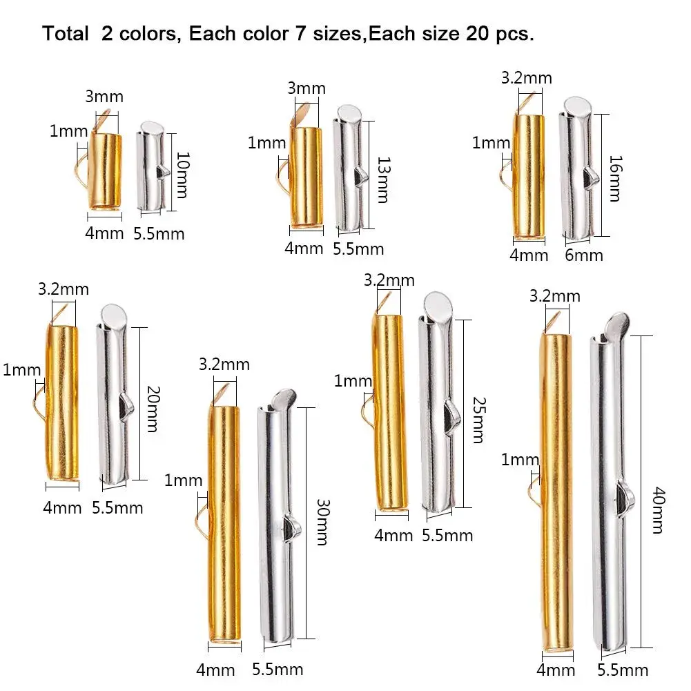 PH PandaHall 240pcs Slide On End Clasp Tubes Slider End Caps | 7 Sizes Platinum Golden - view 4