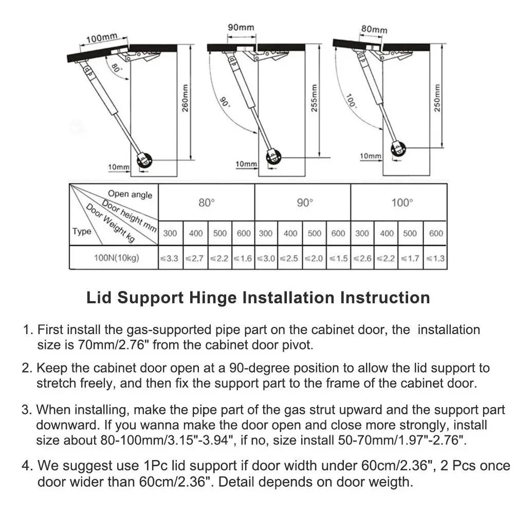 Hxchen Hydraulic Cabinet Hinges 10 Inch (250mm) 100N Soft Close Lid Support Rods | Pack of 4 - view 9