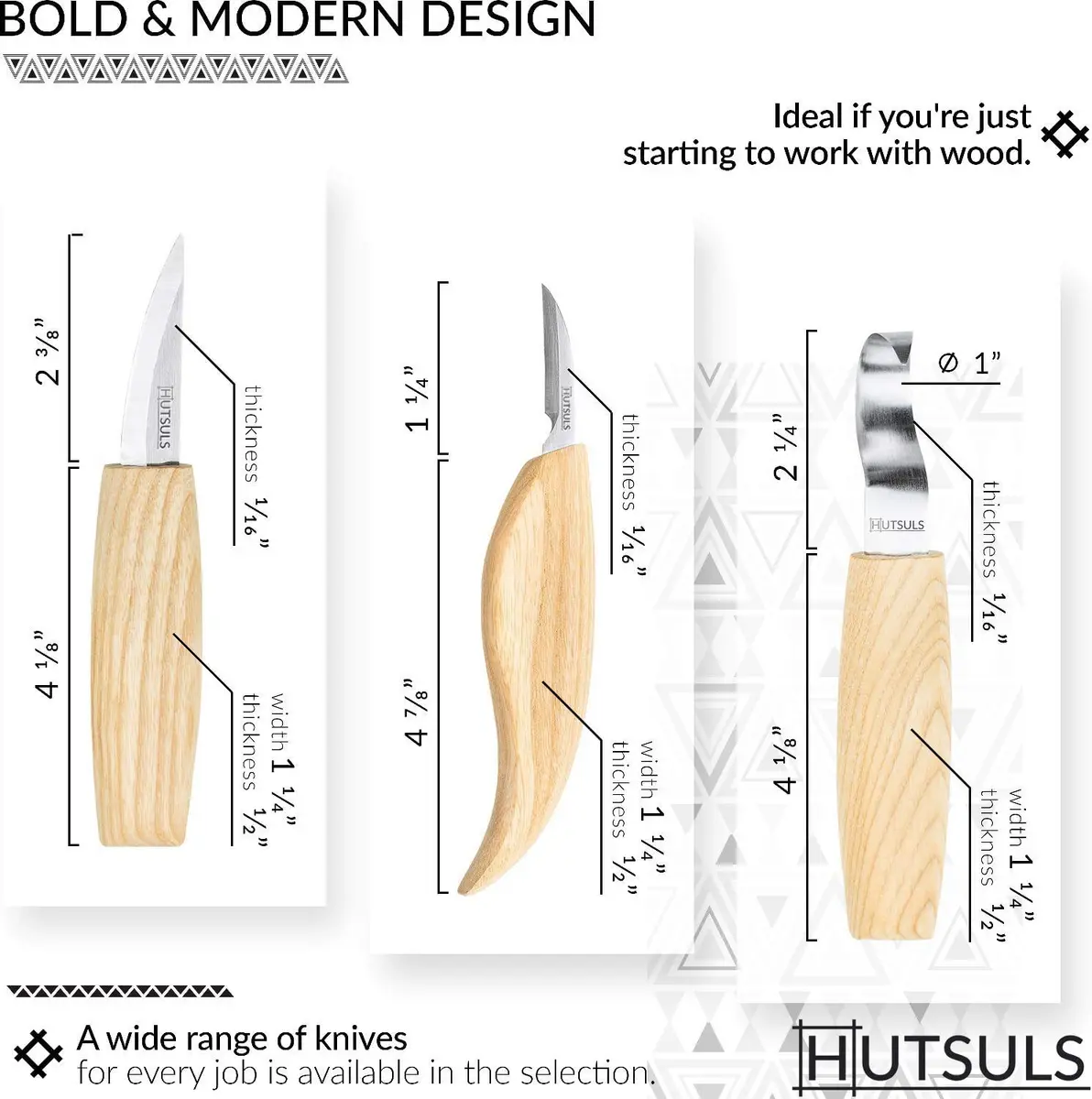 Hutsuls Wood Whittling Kit for Beginners - 8-Piece Carbon Steel Knife Set with Ashwood Handles, 20.07cm (7.9in) | USA-Sourced Craft Tools - view 2