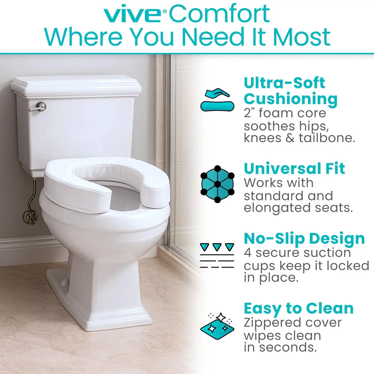 Vive Toilet Seat Cushion 2" Height (5.1 cm) - Soft Foam Padded for Standard & Elongated Seats - view 3