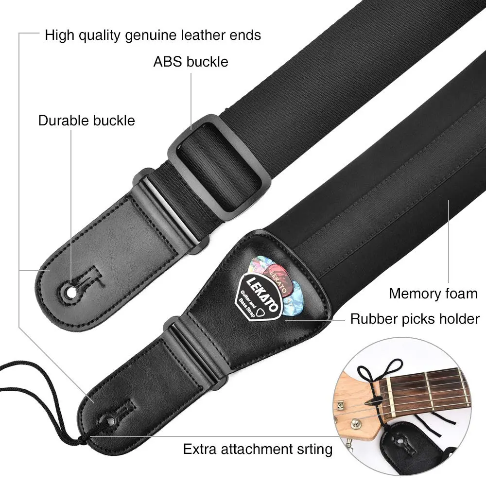 LEKATO Bass Guitar Strap 3" Wide Padded Adjustable from 45" to 55" | Comfortable, Durable & Safe for Heavy Guitars - view 2
