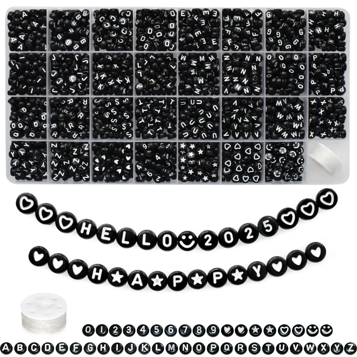 Looconi Black Letter Beads 1600pcs 7x4mm Round Acrylic Alphabet A-Z Number Star Smiley Heart Beads | Craft Beads for Jewelry Making - main product image