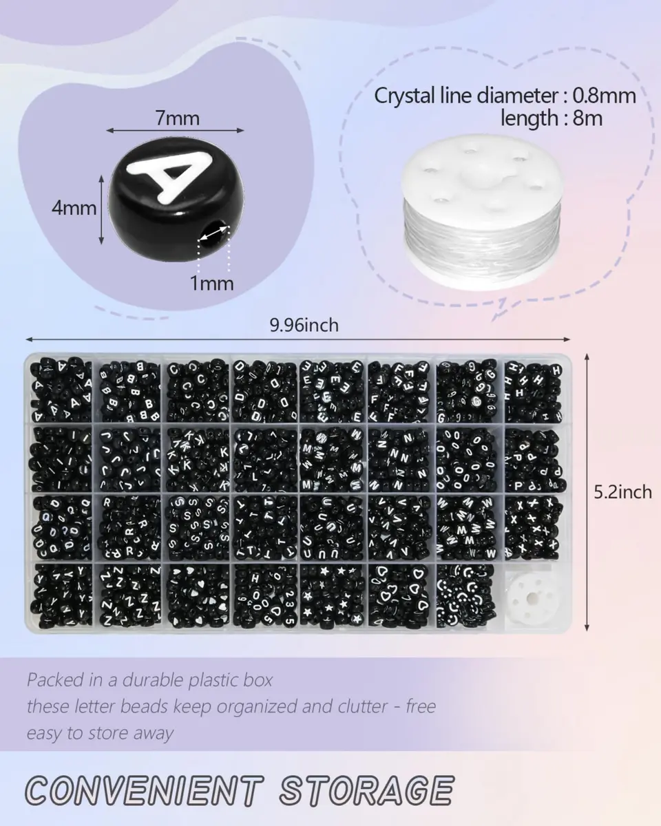 Looconi Black Letter Beads 1600pcs 7x4mm Round Acrylic Alphabet A-Z Number Star Smiley Heart Beads | Craft Beads for Jewelry Making - view 2