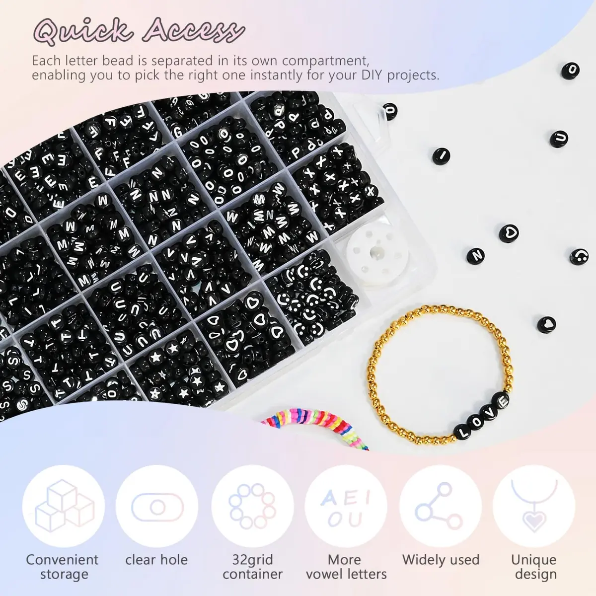 Looconi Black Letter Beads 1600pcs 7x4mm Round Acrylic Alphabet A-Z Number Star Smiley Heart Beads | Craft Beads for Jewelry Making - view 3