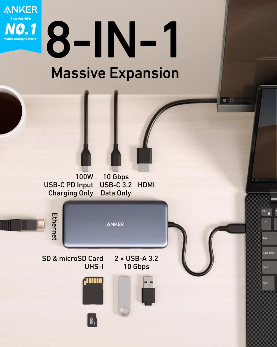 Anker 555 USB-C Hub (8-in-1) with 4K@60Hz HDMI, 10Gbps USB-C & 2 USB-A Data Ports, Ethernet, SD/MicroSD Card Reader, 85W PD Pass-Through - view 2